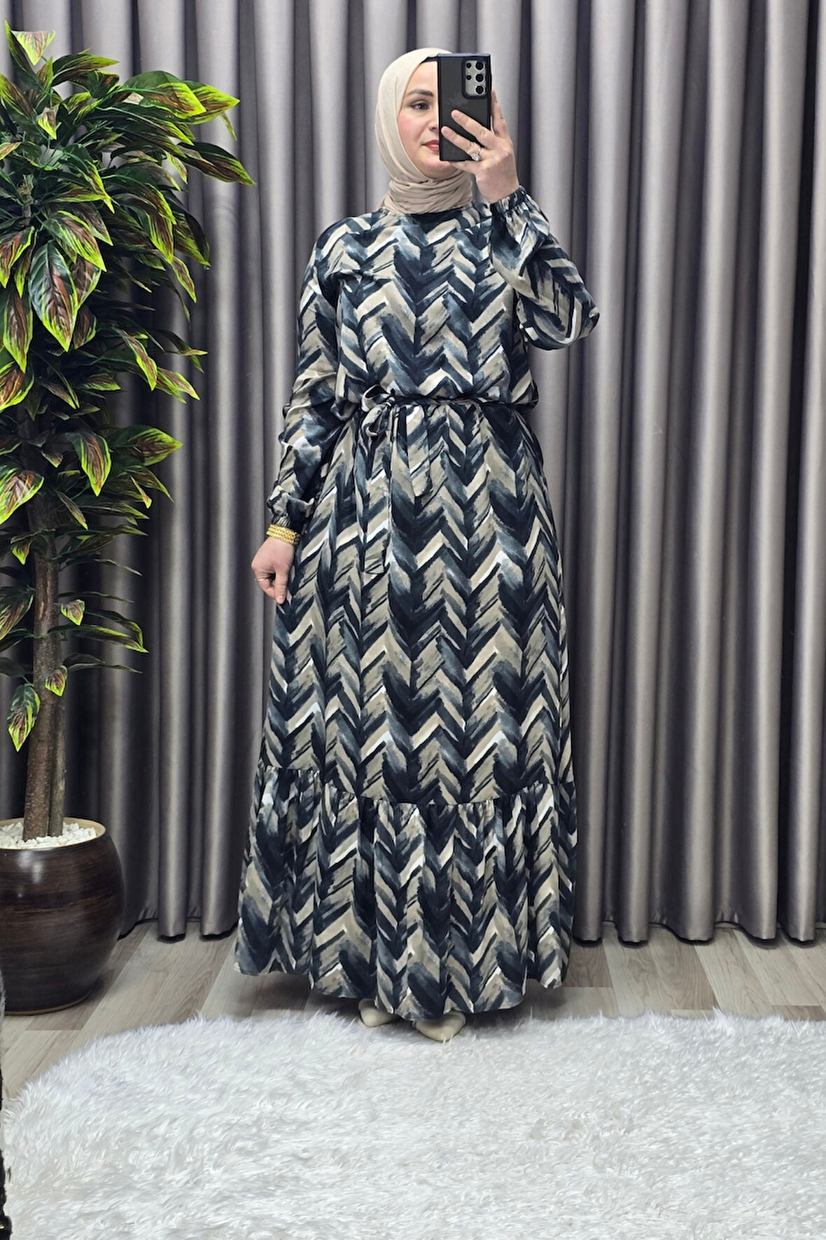 Kadın Tesettür Giyim Büyük Beden Viscon Desenli Elbise 