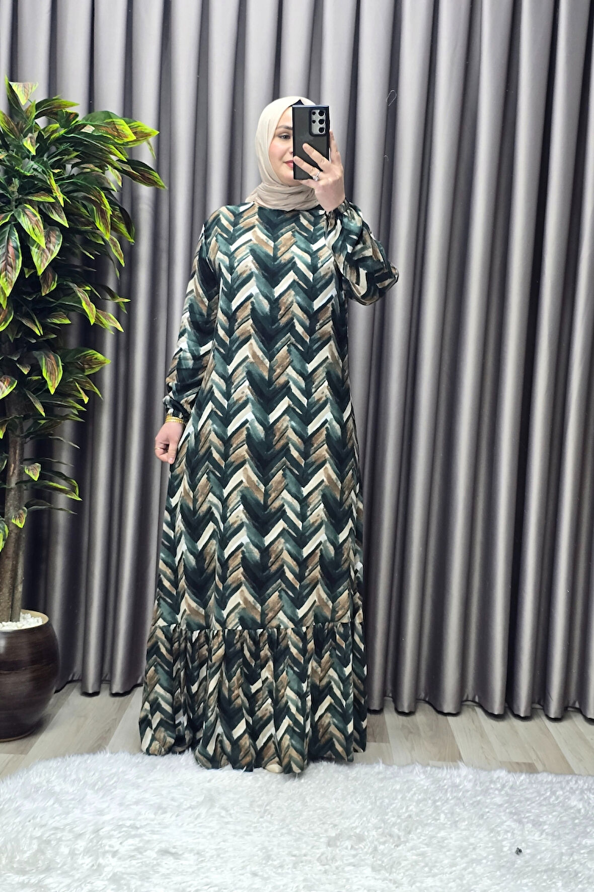 Kadın Tesettür Giyim Büyük Beden Viscon Desenli Elbise 