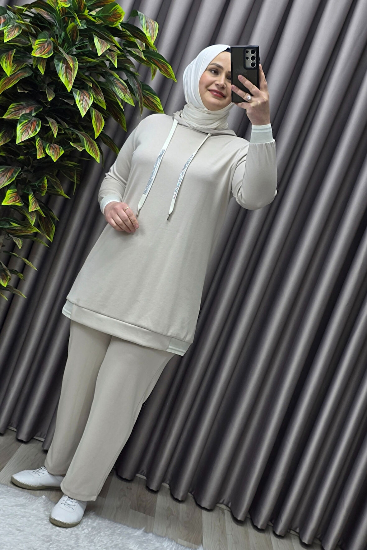 Kadın Tesettür Giyim Büyük Beden Kapşonlu Spor İkili Takım 