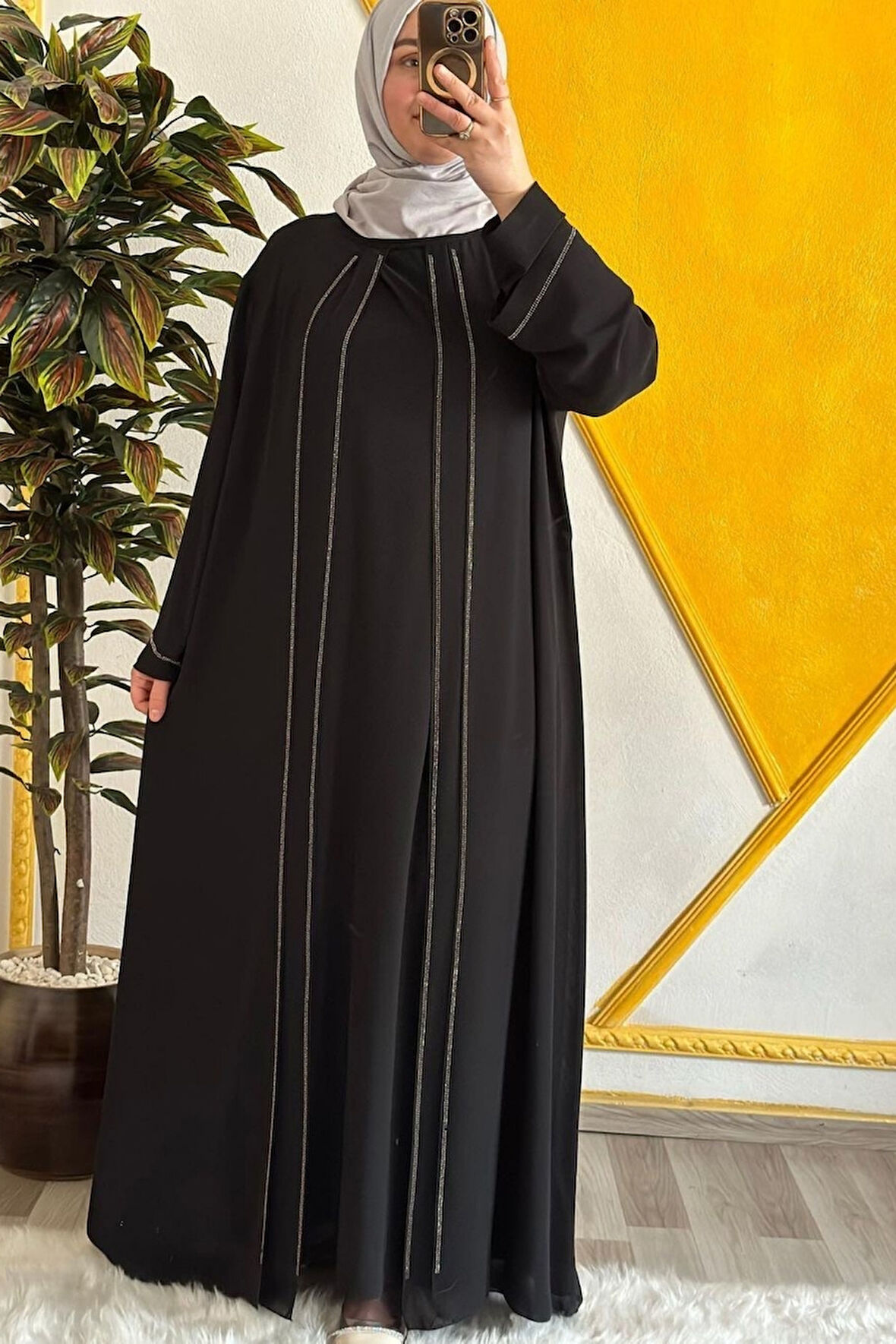 Kadın Tesettür Giyim Büyük Beden Şifon Şerit Taşlı Abiye 