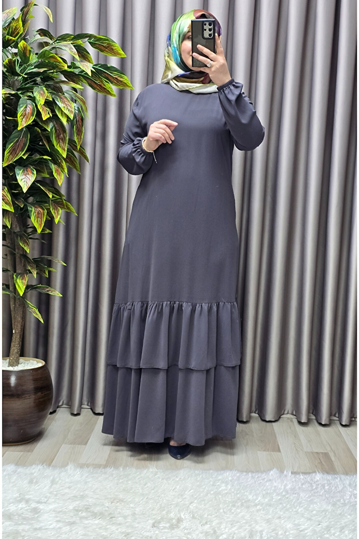 Kadın Tesettür Giyim Büyük Beden İki Katlı Krep Elbise 