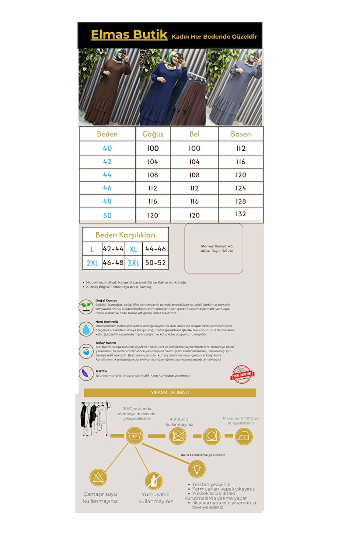 Kadın Tesettür Giyim Büyük Beden İki Katlı Krep Elbise 