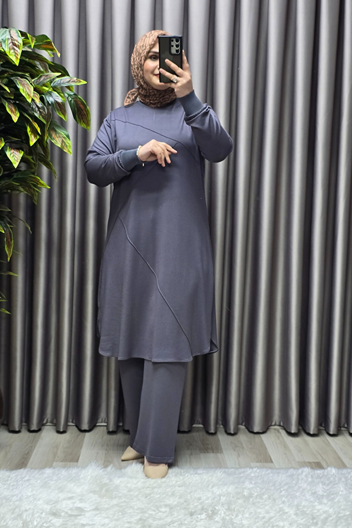 Kadın Tesettür Büyük Beden Giyim Nervürlü İkili Takım 