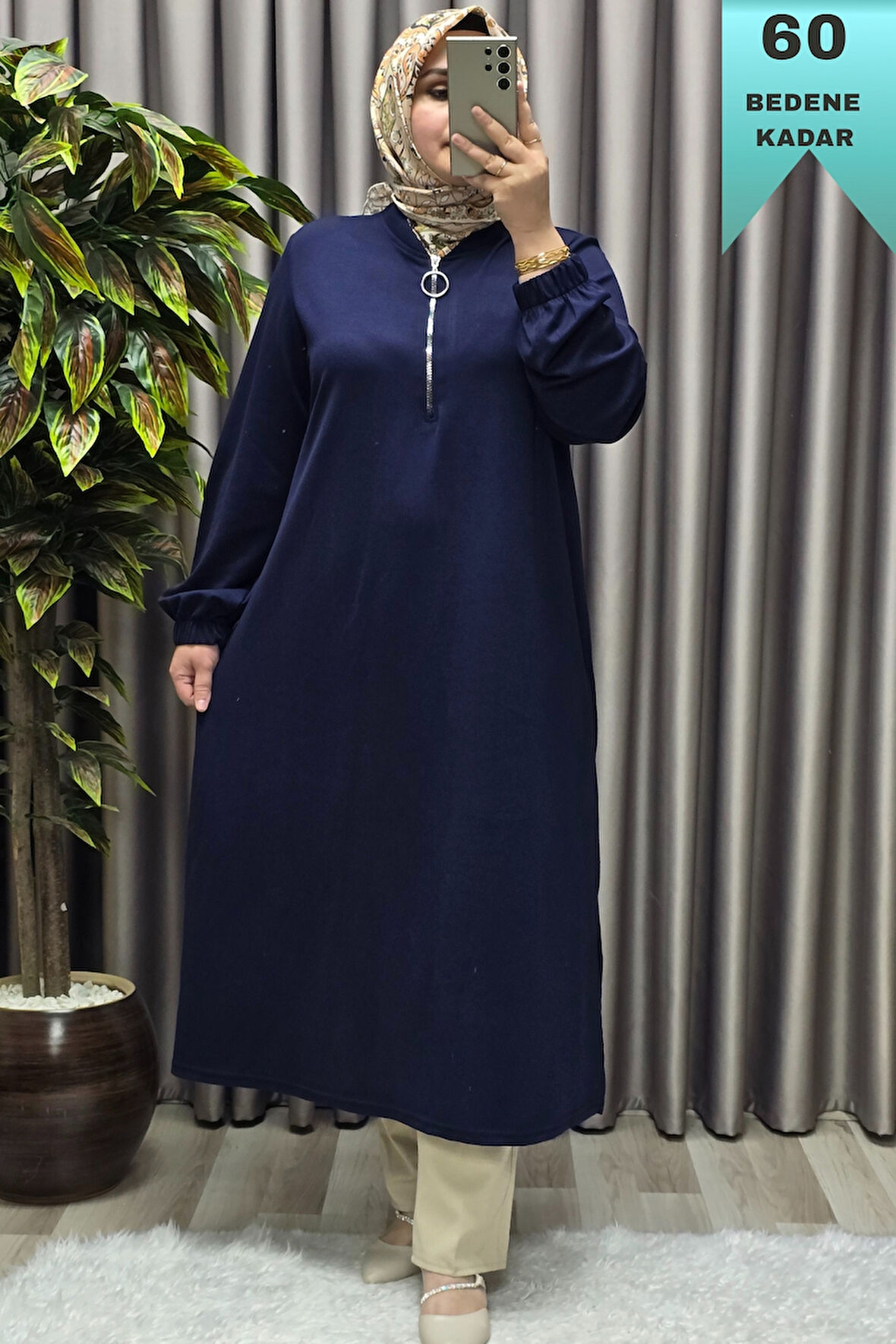 Kadın Tesettür Giyim Büyük Beden Fermuarlı 9354 Jumbo Uzun Tunik 