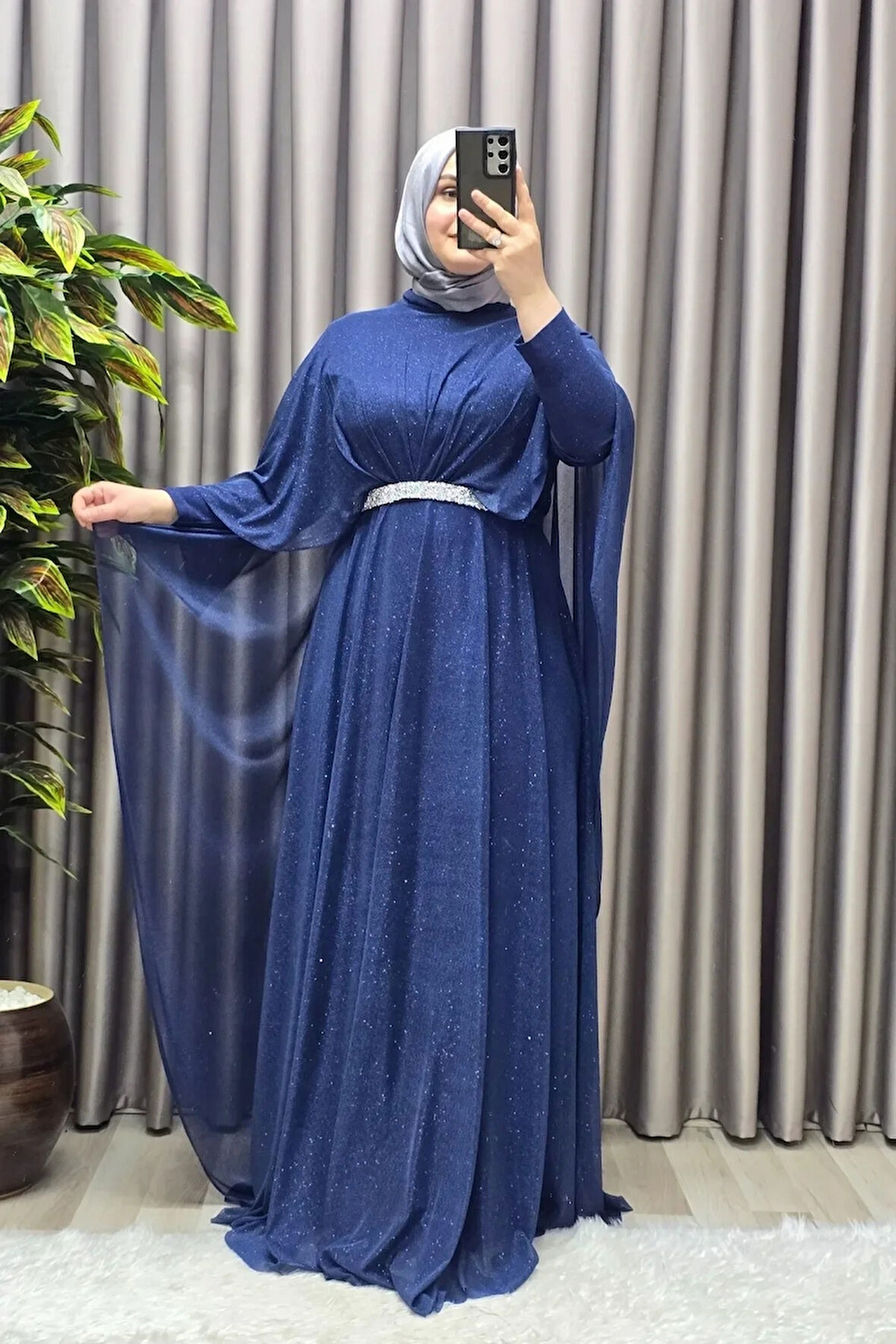 Kadın Tesettür Büyük Beden Giyim Simli  Pelerinli Abiye 