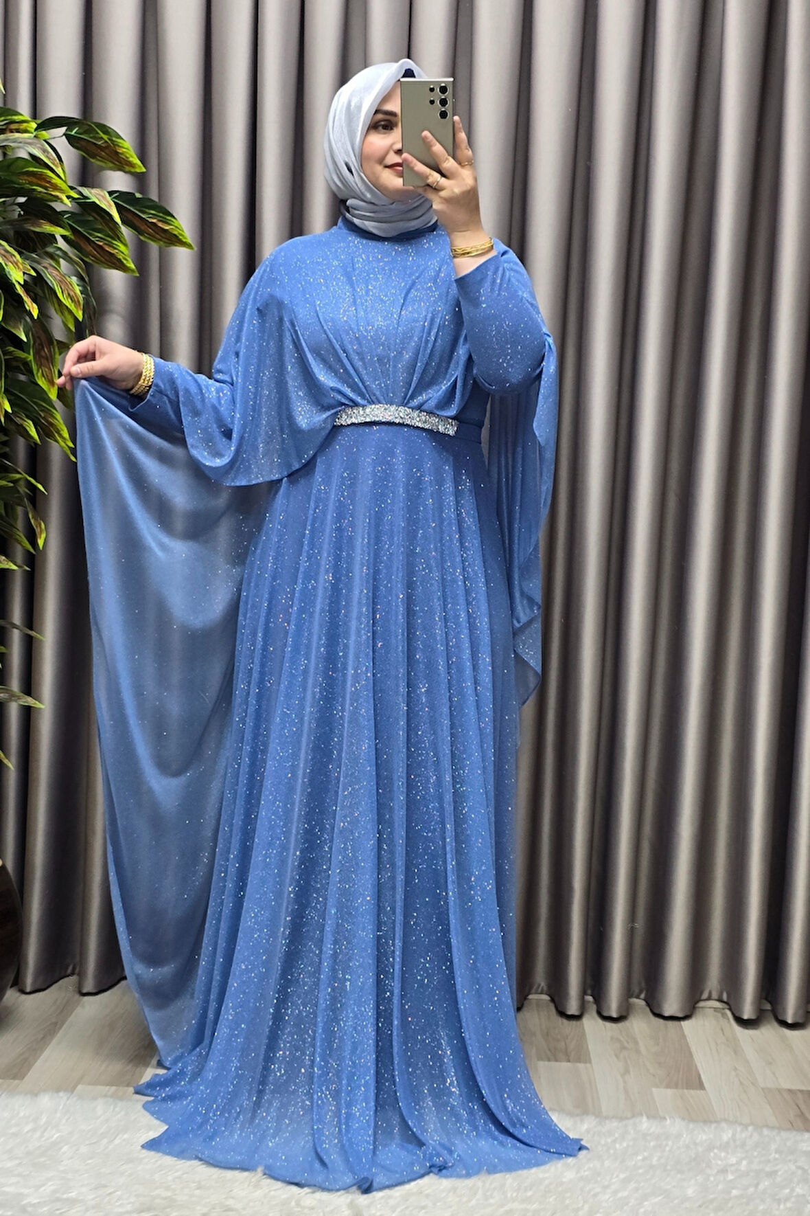 Kadın Tesettür Büyük Beden Giyim Simli  Pelerinli Abiye 