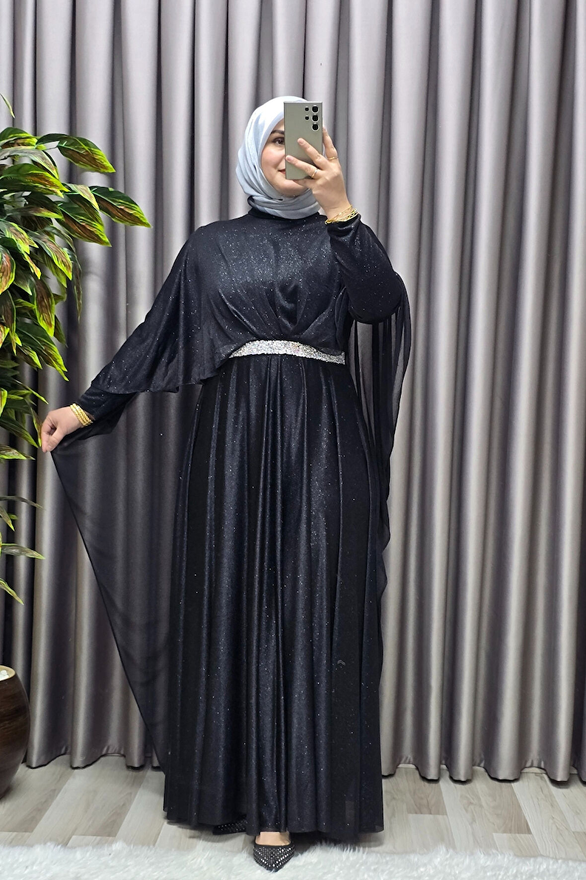 Kadın Tesettür Büyük Beden Giyim Simli  Pelerinli Abiye 