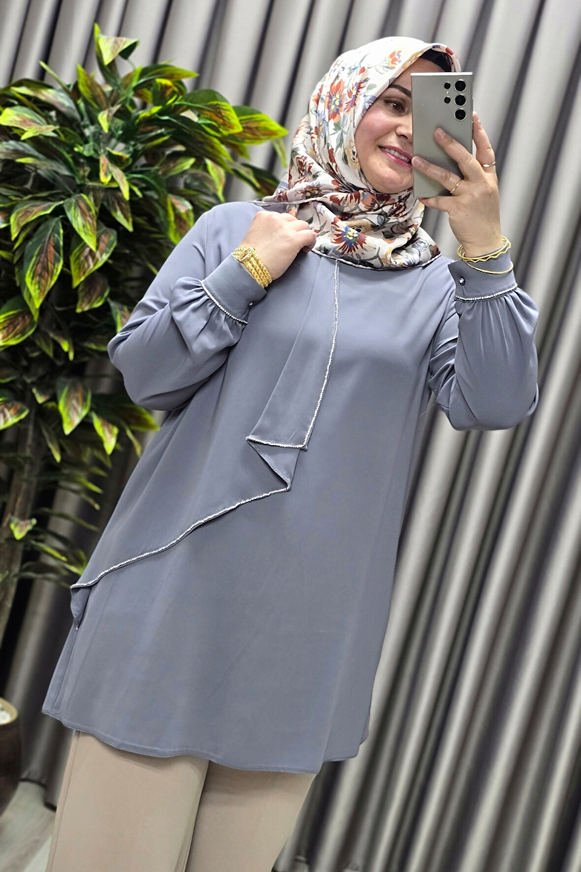 Kadın Tesettür Giyim Büyük Beden Taşlı Abiye Tunik 