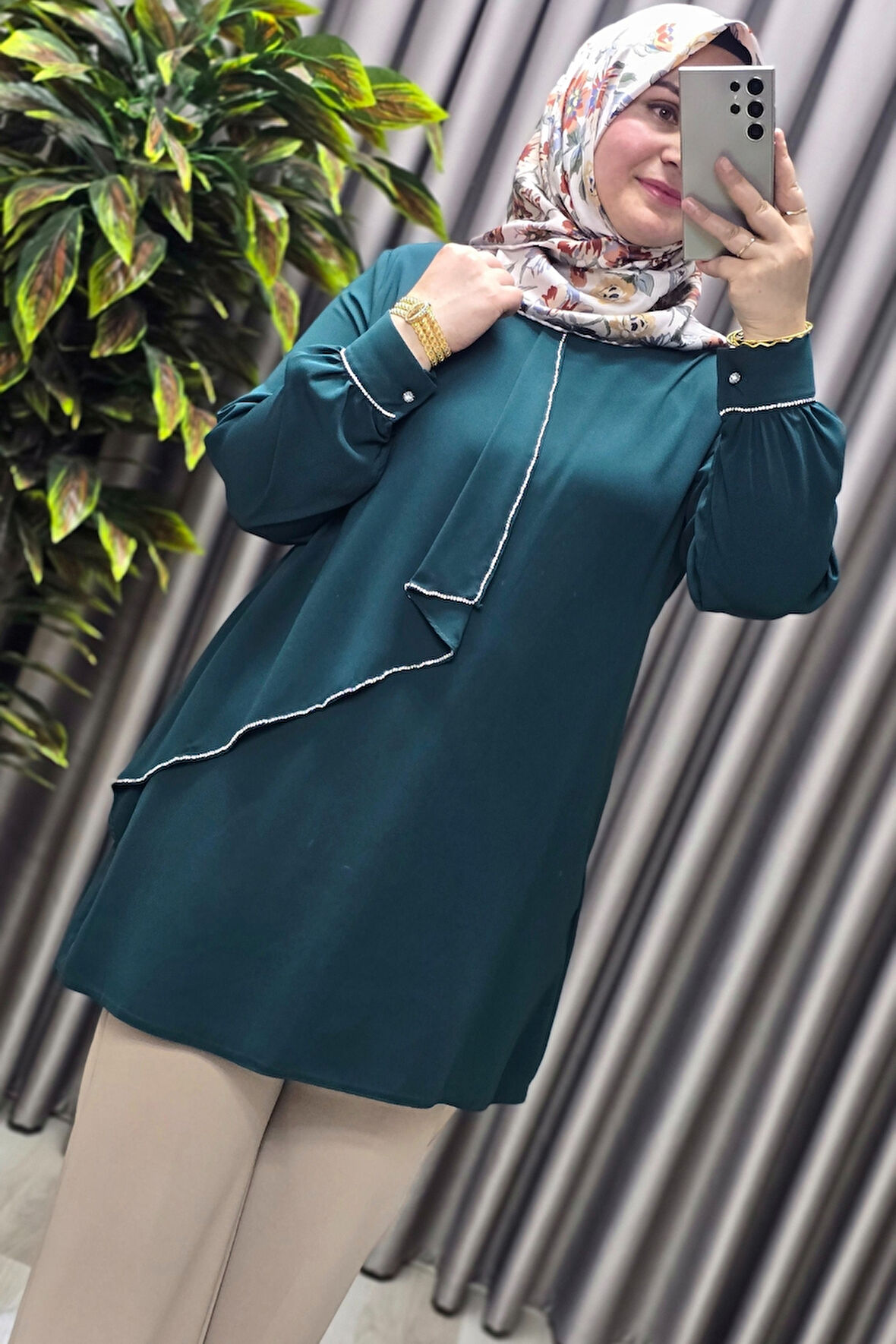 Kadın Tesettür Giyim Büyük Beden Taşlı Abiye Tunik 