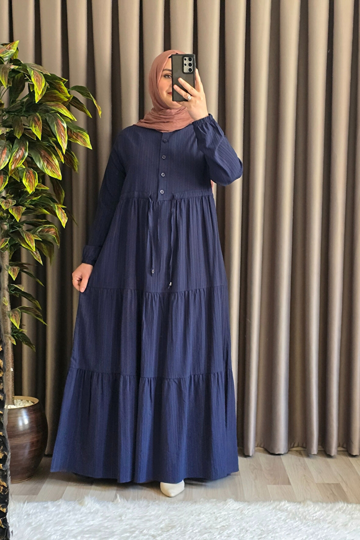 Kadın Tesettür Giyim Büyük Beden Gofre Elbise 