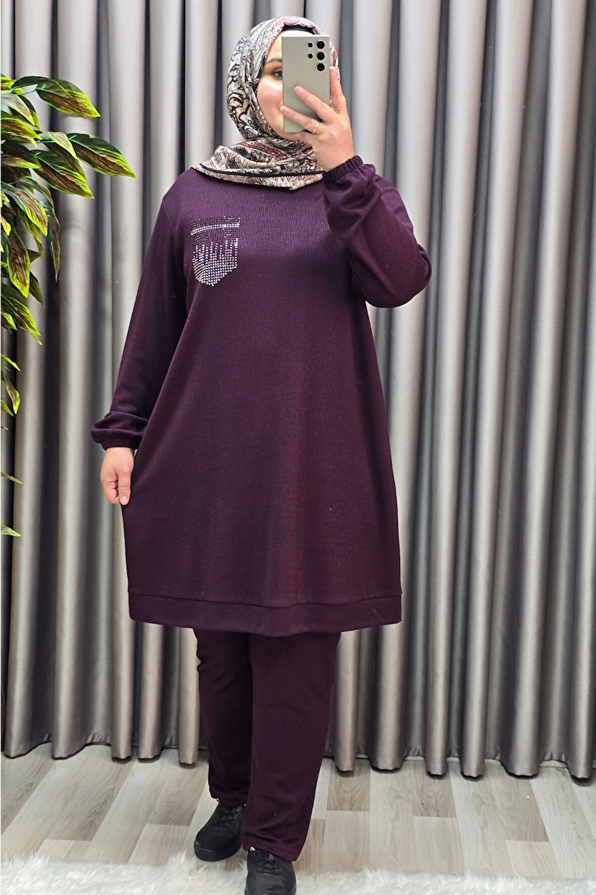 Kadın Tesettür Giyim Büyük Beden Cebi Taş İşlmeli İkili Takım 