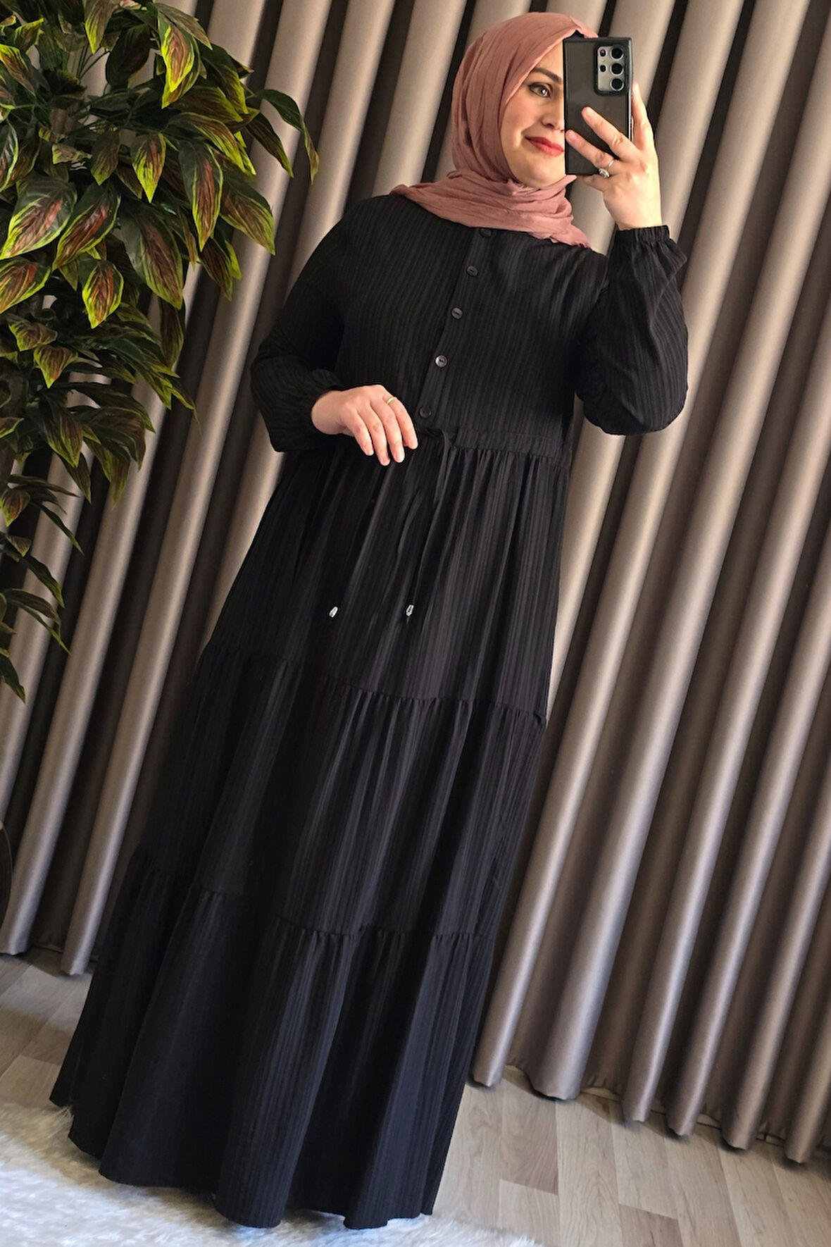 Kadın Tesettür Giyim Büyük Beden Gofre Elbise 