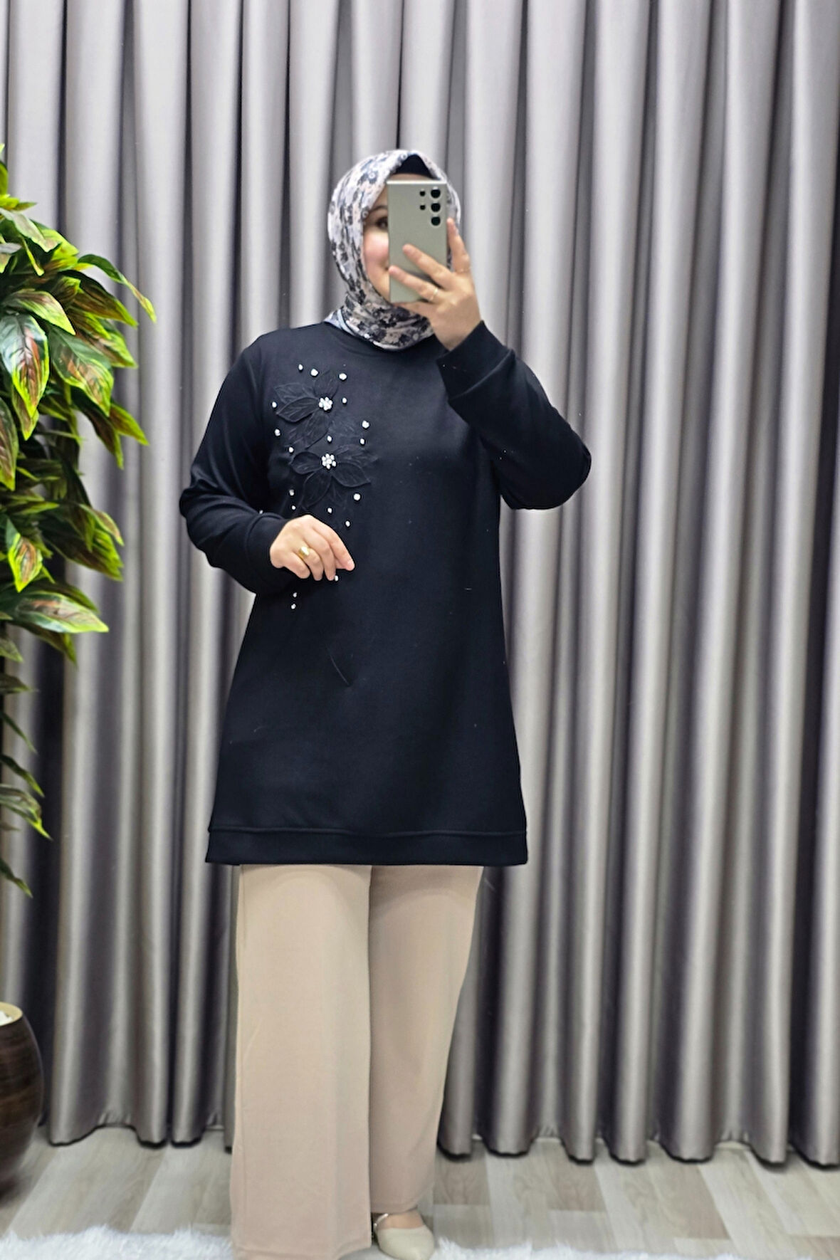 Kadın Giyim Büyük Beden Modal Çiçek Aplik Tunik 