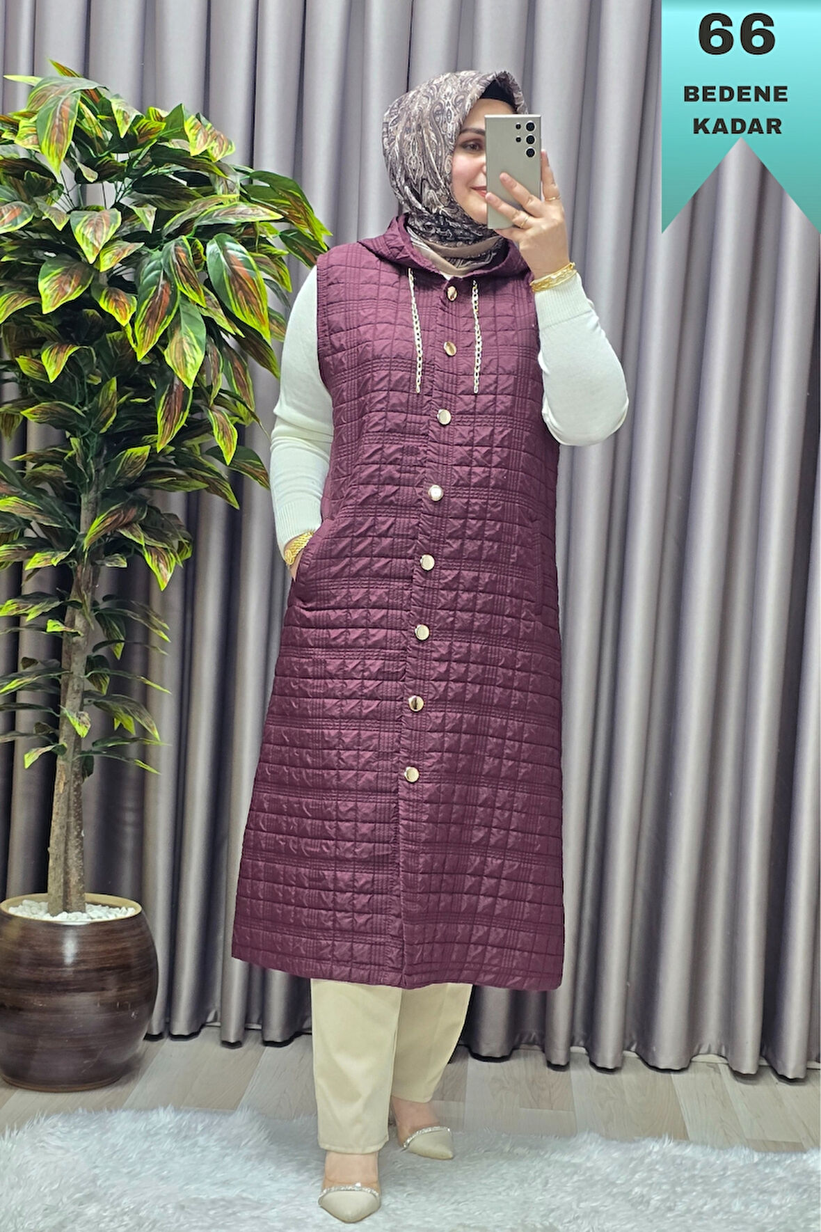 Kadın Giyim Büyük Beden Kapşonlu Astarlı Kare Desen Yelek 