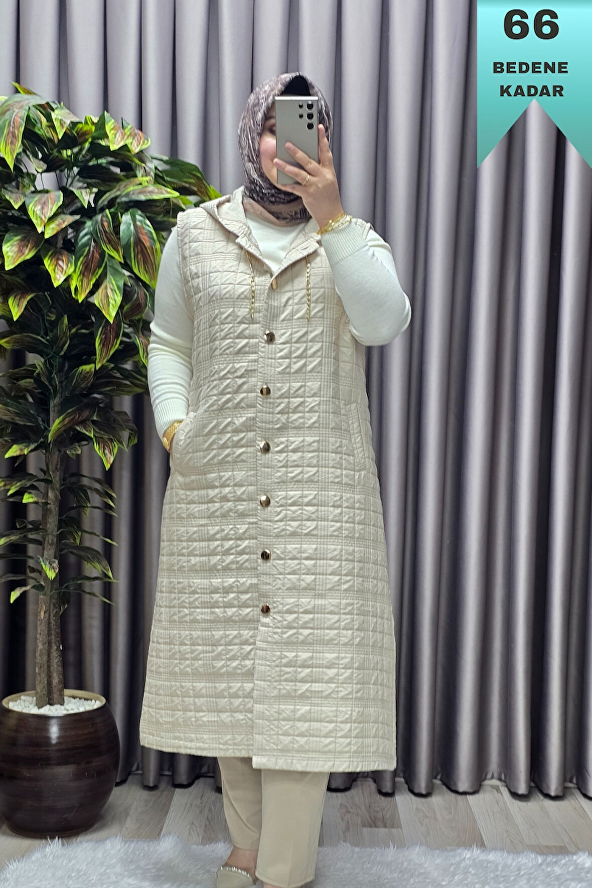 Kadın Giyim Büyük Beden Kapşonlu Astarlı Kare Desen Yelek 