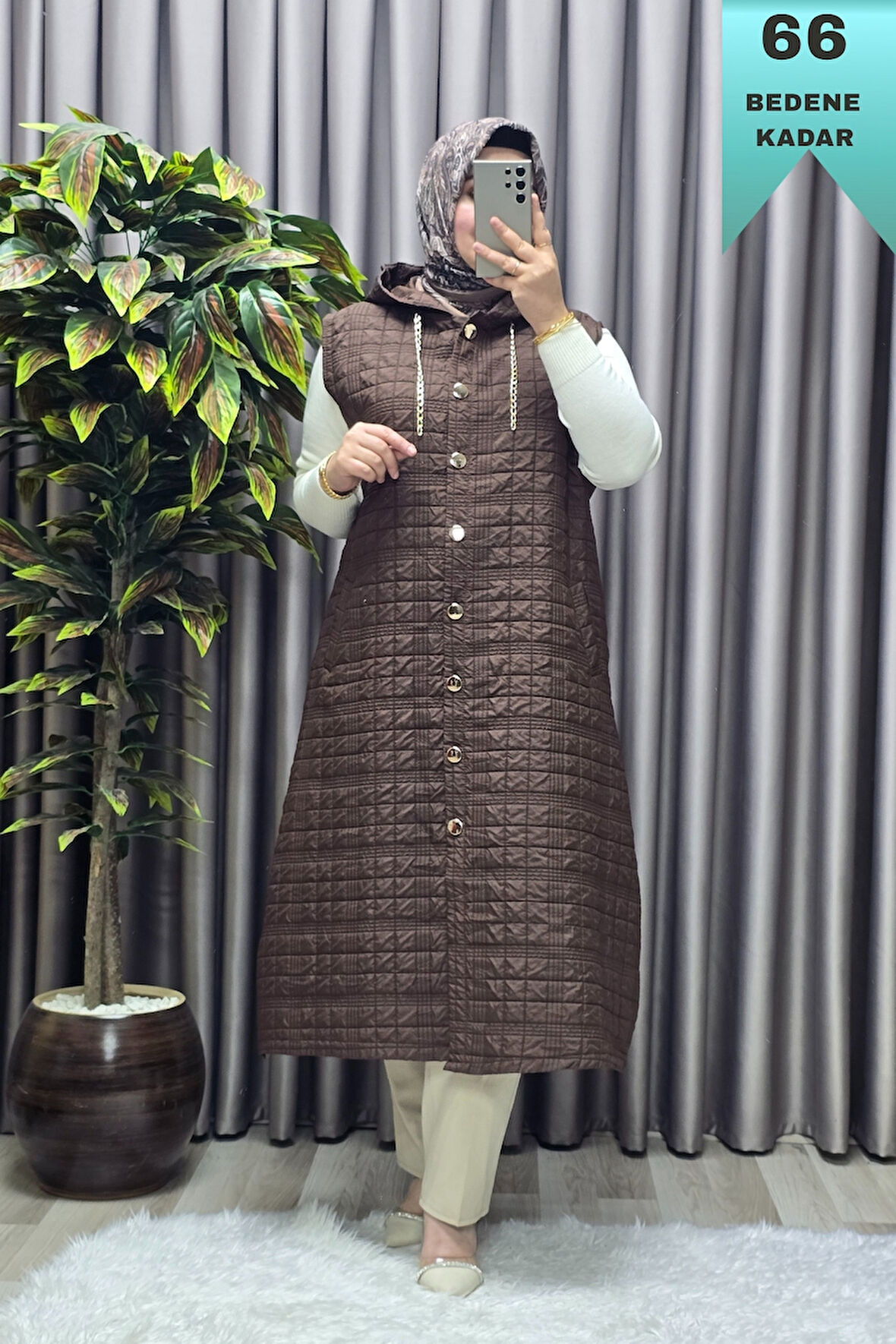 Kadın Giyim Büyük Beden Kapşonlu Astarlı Kare Desen Yelek 