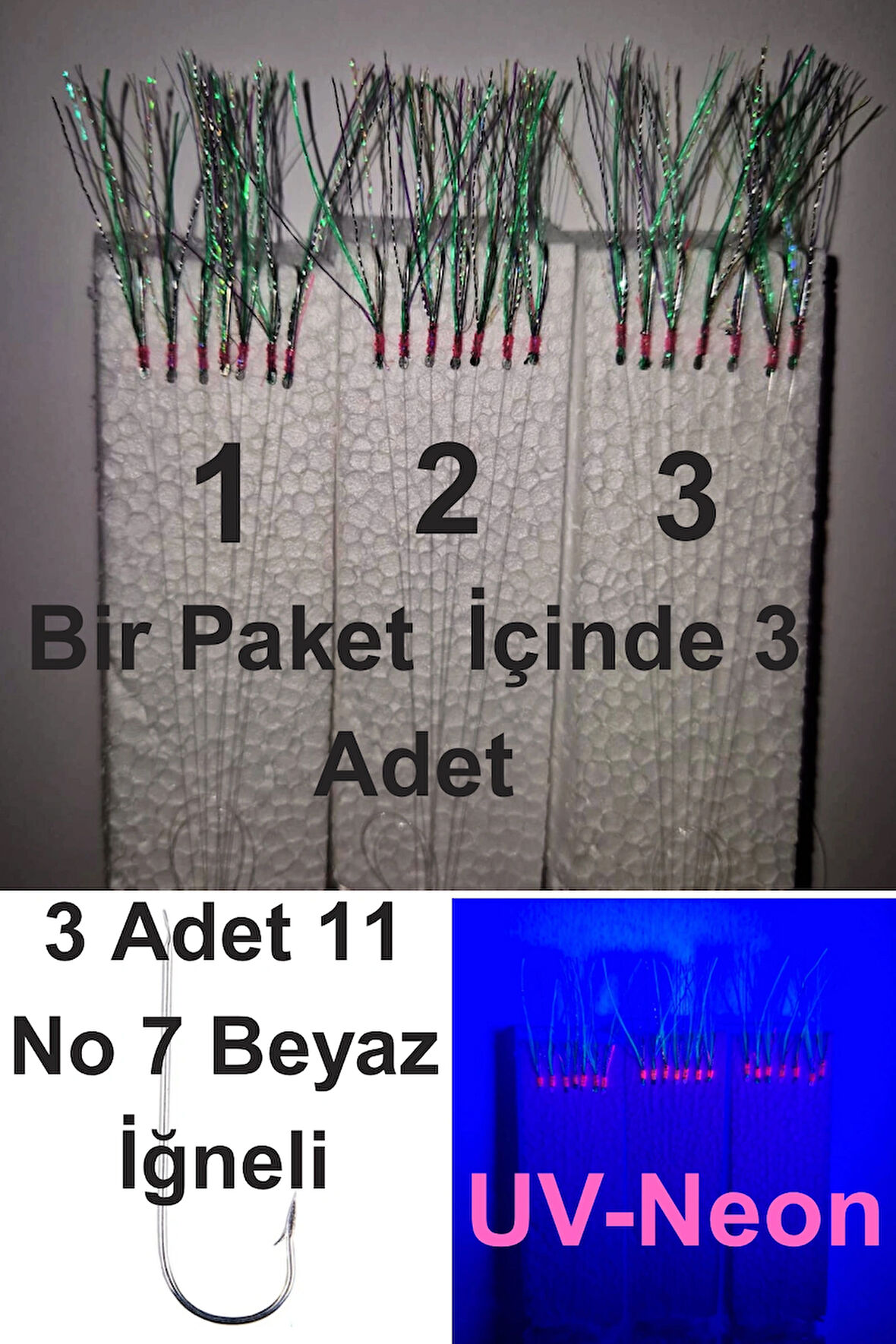 Eagenset Çapari, İstavrit Çaparisi, 25x12 Beden, Ultraviyole Uv Neon Koyu Yeşil Sim, 11 No Beyaz 7 İğneli, 3lü Paket