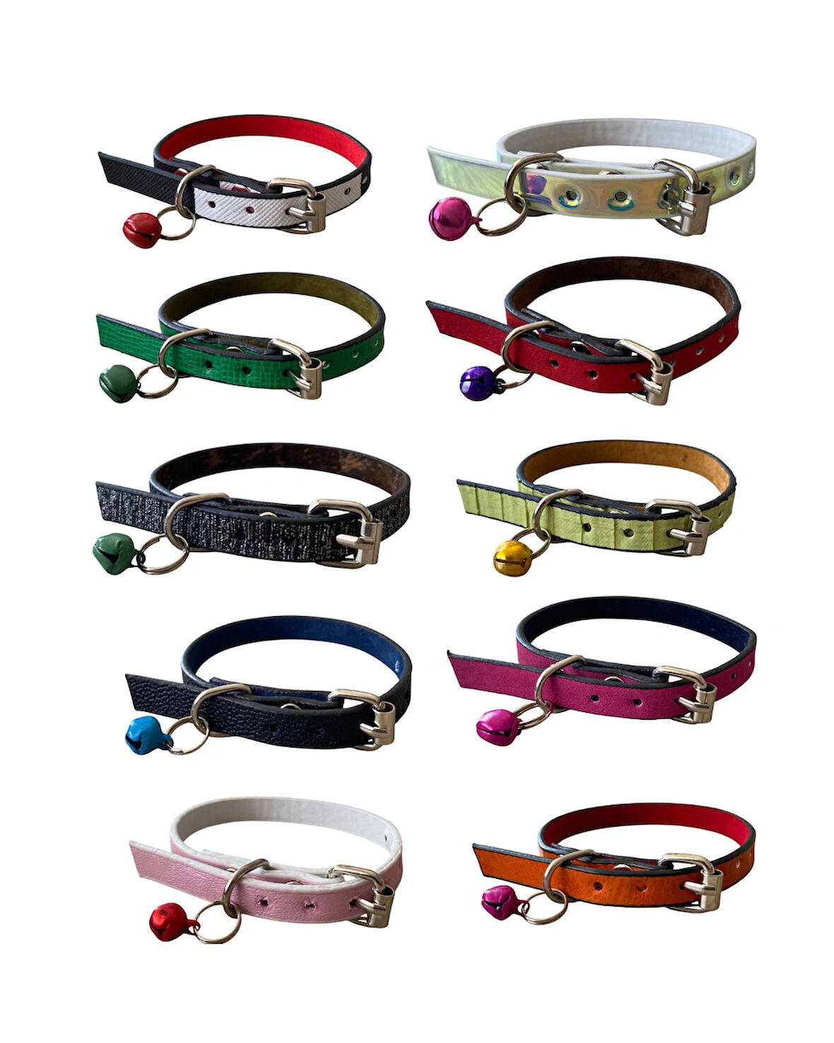 10 lu Karışık Renk ve Desenli Deri Zilli Kedi Tasması