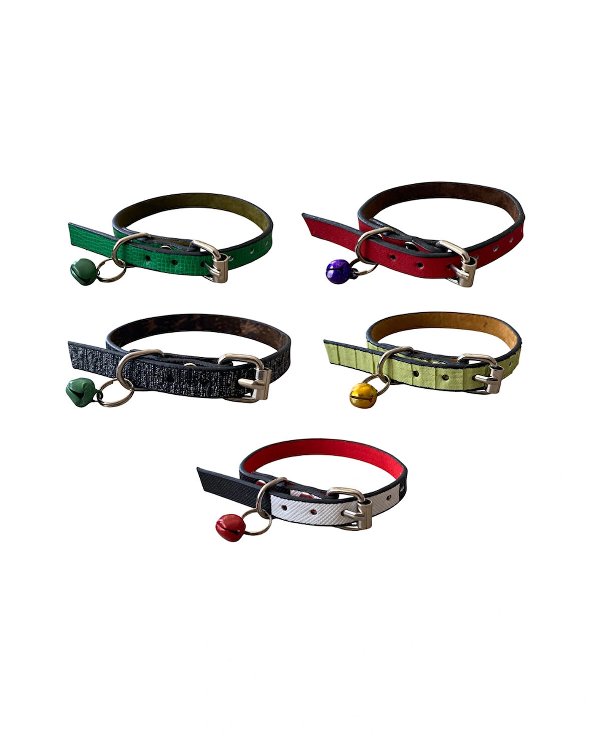 5 li Karışık Renk ve Desenli Deri Zilli Kedi Tasması