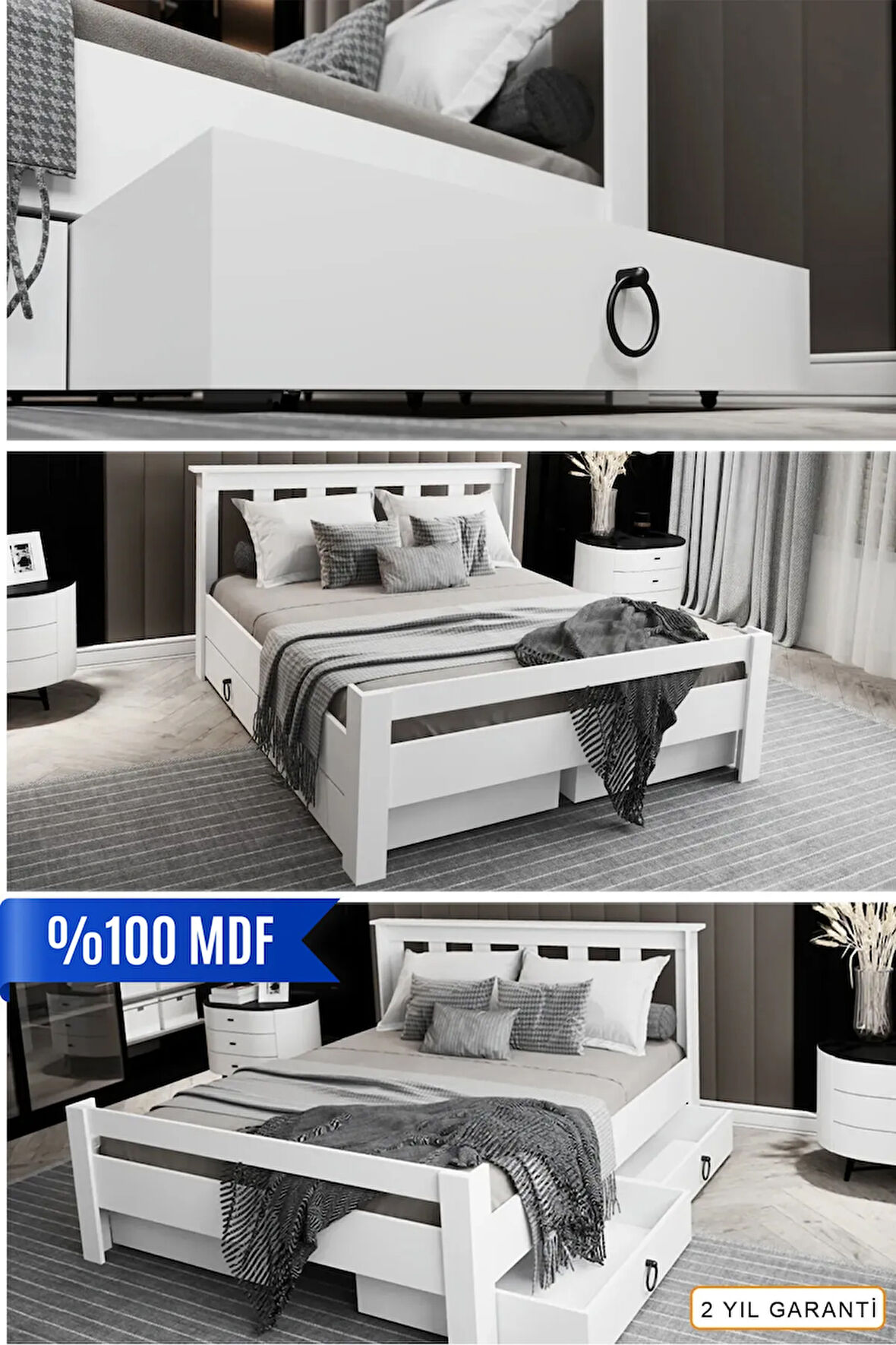 Arya Çift Kişilik 160x200 Yatak Uyumlu Mdf Beyaz Çekmeceli Karyola