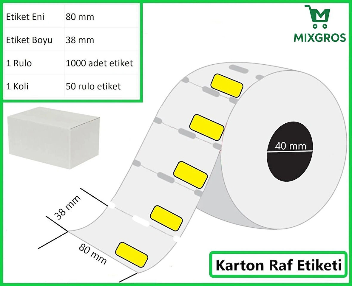 80x38 mm Karton Termal Raf Reyon Etiketi Sarı Fiyat Çerçeveli 1 Rulo: 1000 Adet Etiket 1 Koli: 50 Rulo Etiket