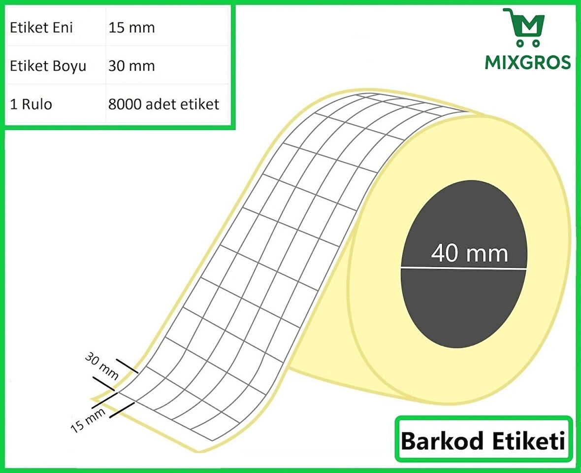 15x30 mm Termal 5'li Ürün Barkod Etiketi 1 Rulo: 8000 Adet Etiket