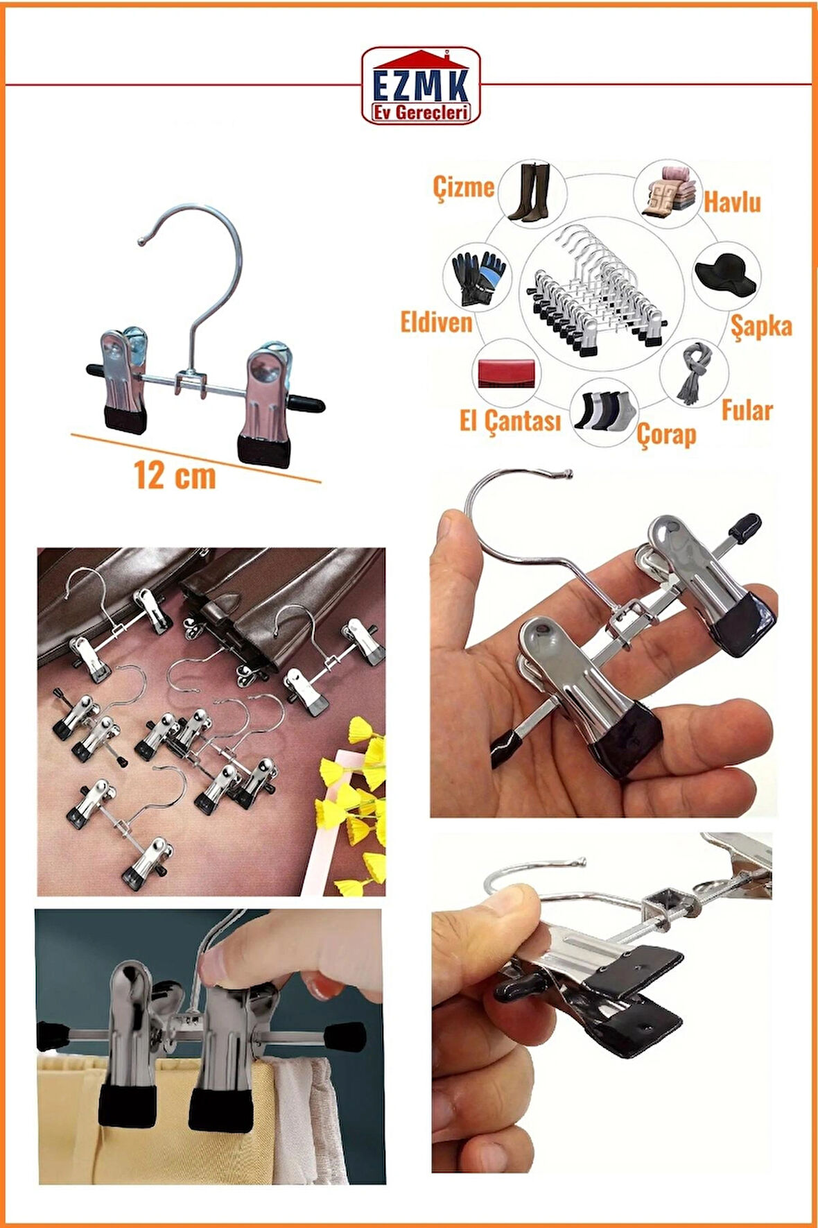 Ayarlanabilir Mandallı, Krom Metal Eşarp Askısı, Şapka Askısı \ 20 Adet \ 12 Cm