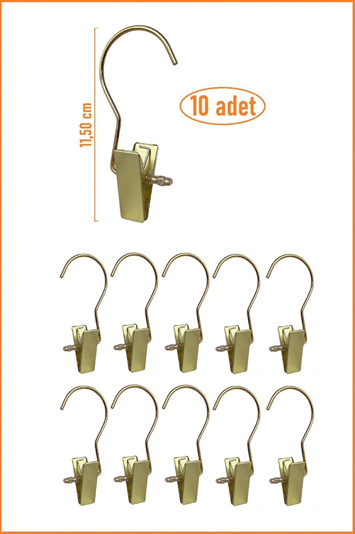 Metal Eşarp Askısı, Şal Askısı, Çok Amaçlı Mandallı Askı - 10 Adet - Gold