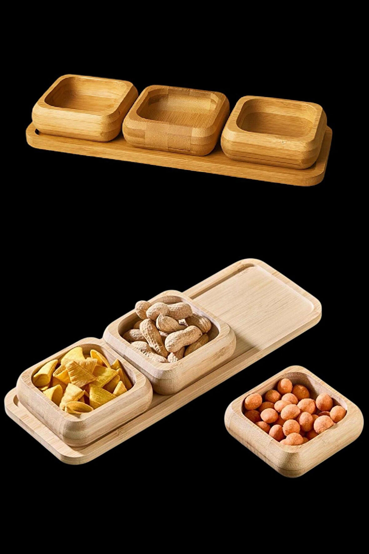 Standlı Bambu Çerezlik, 3'lü Kare Çerezlik, İkramlık ve Sunumluk Seti Takımı, 9 cm Çap, 1 Set