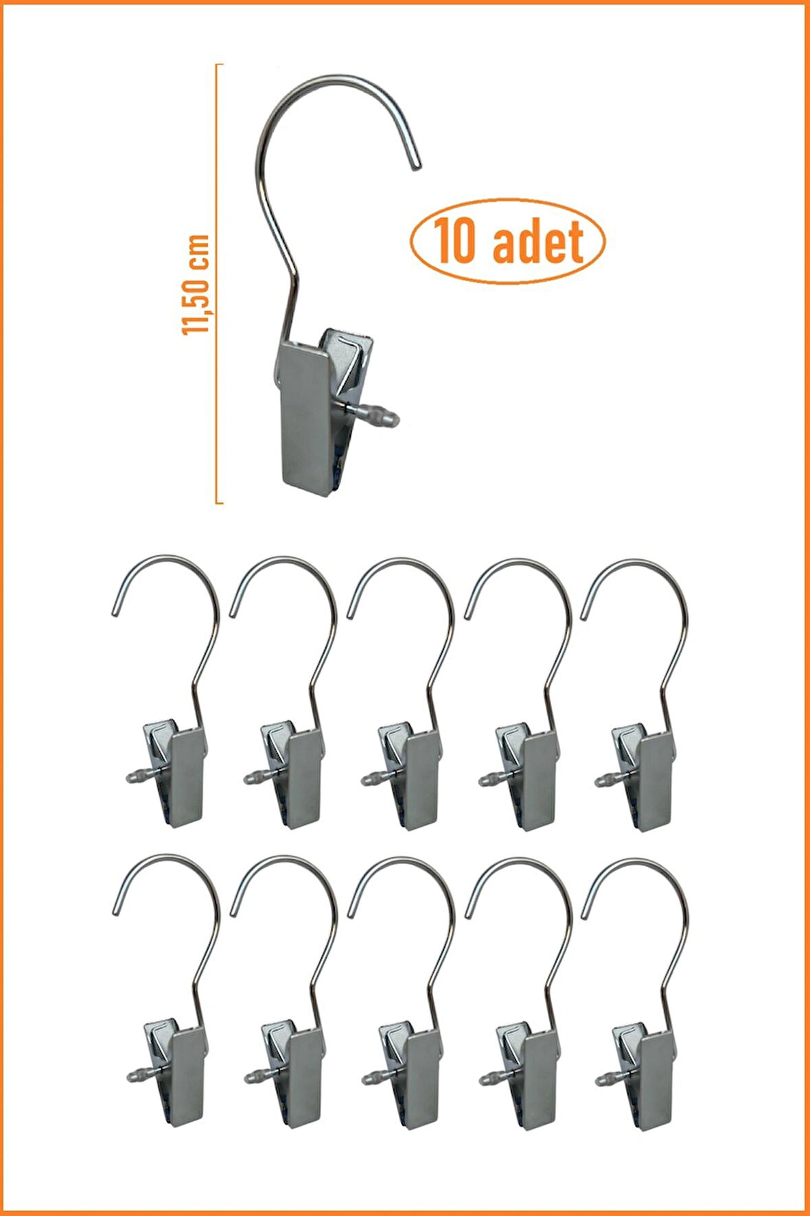 Metal Eşarp Askısı, Şal Askısı, Çok Amaçlı Mandallı Askı - 10 Adet - Gümüş Renk