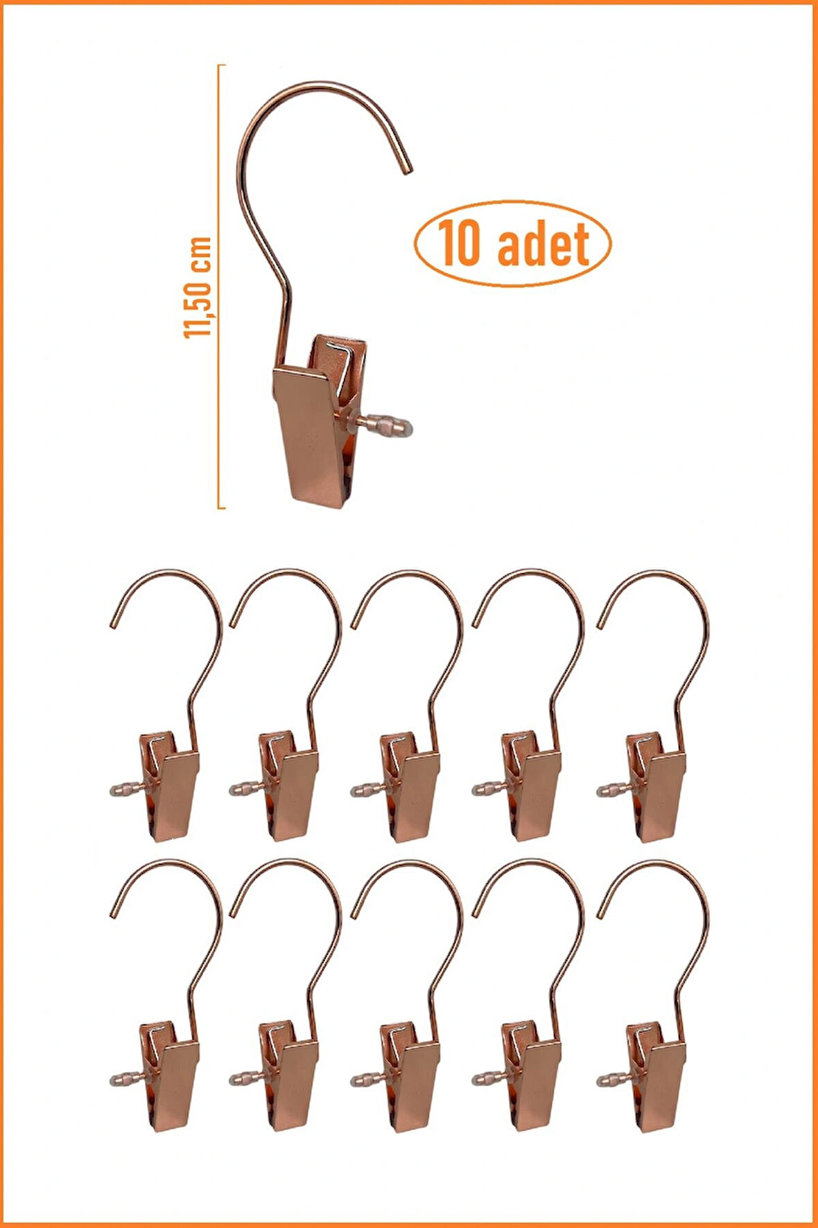 Metal Eşarp Askısı, Şal Askısı, Çok Amaçlı Mandallı Askı - 10 Adet - Bakır