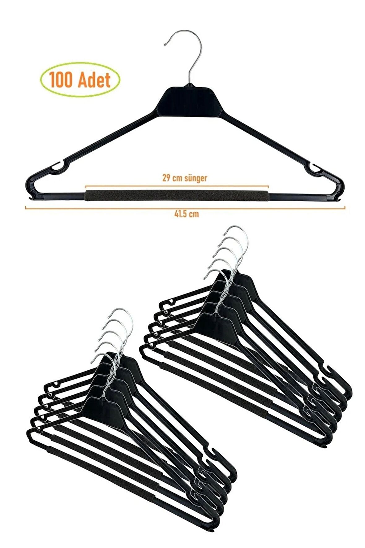 Kuru Temizleme Askısı, Elbise Askısı, Süngerli Bar, 42 cm Siyah Renk, 100 Adet