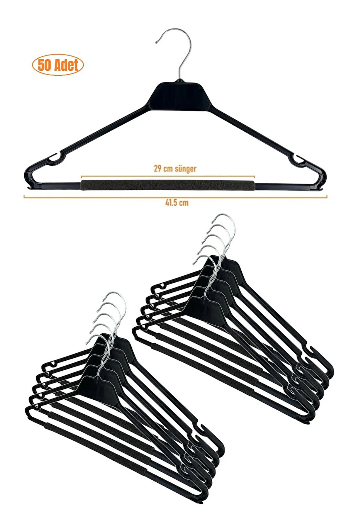 Kuru Temizleme Askısı, Elbise Askısı, Süngerli Bar, 42 cm Siyah Renk, 50 Adet