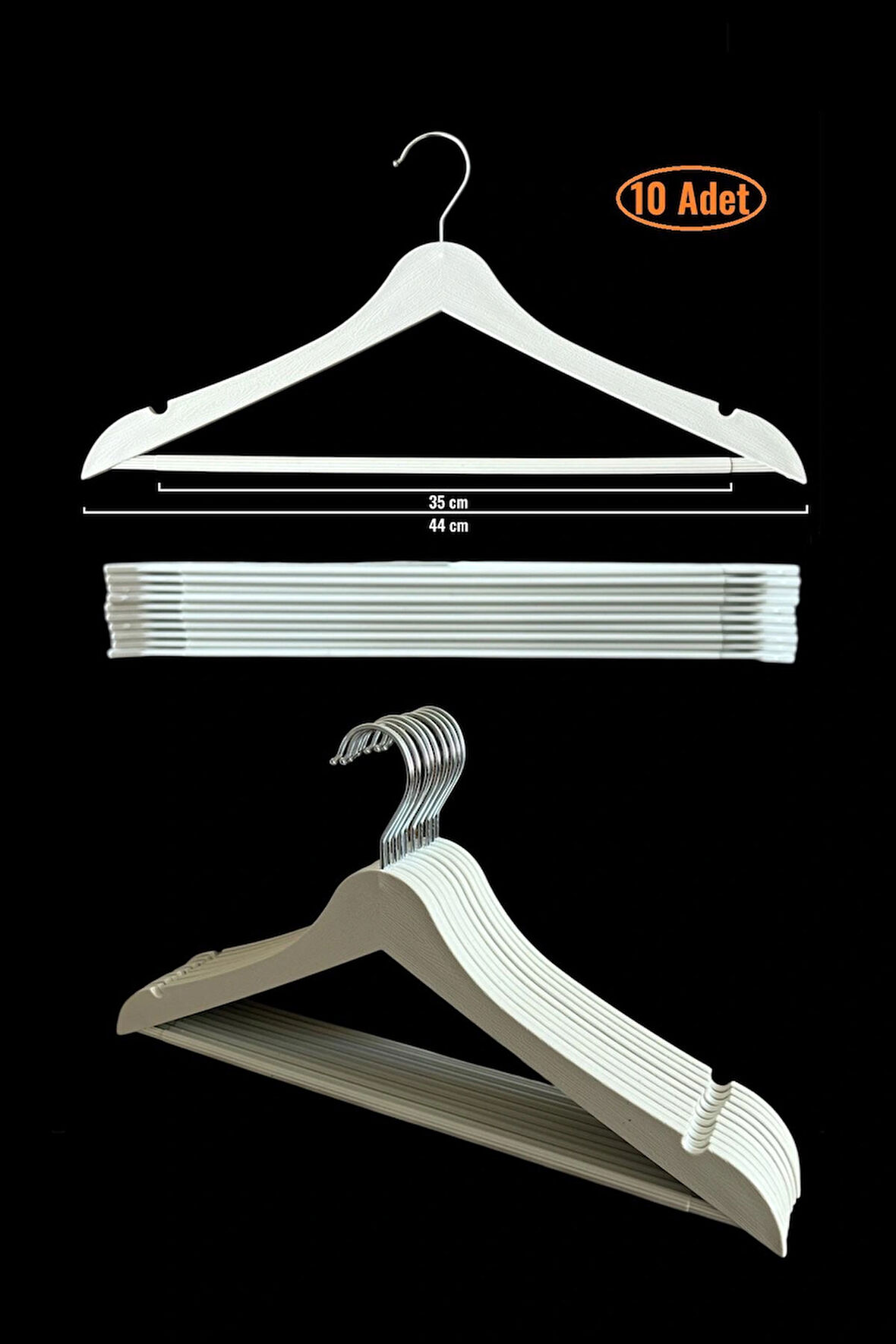 Ahşap Görünümlü Plastik Askı, Elbise Askısı, Takım Askısı, Kırık Beyaz 10 Adet, 44 Cm