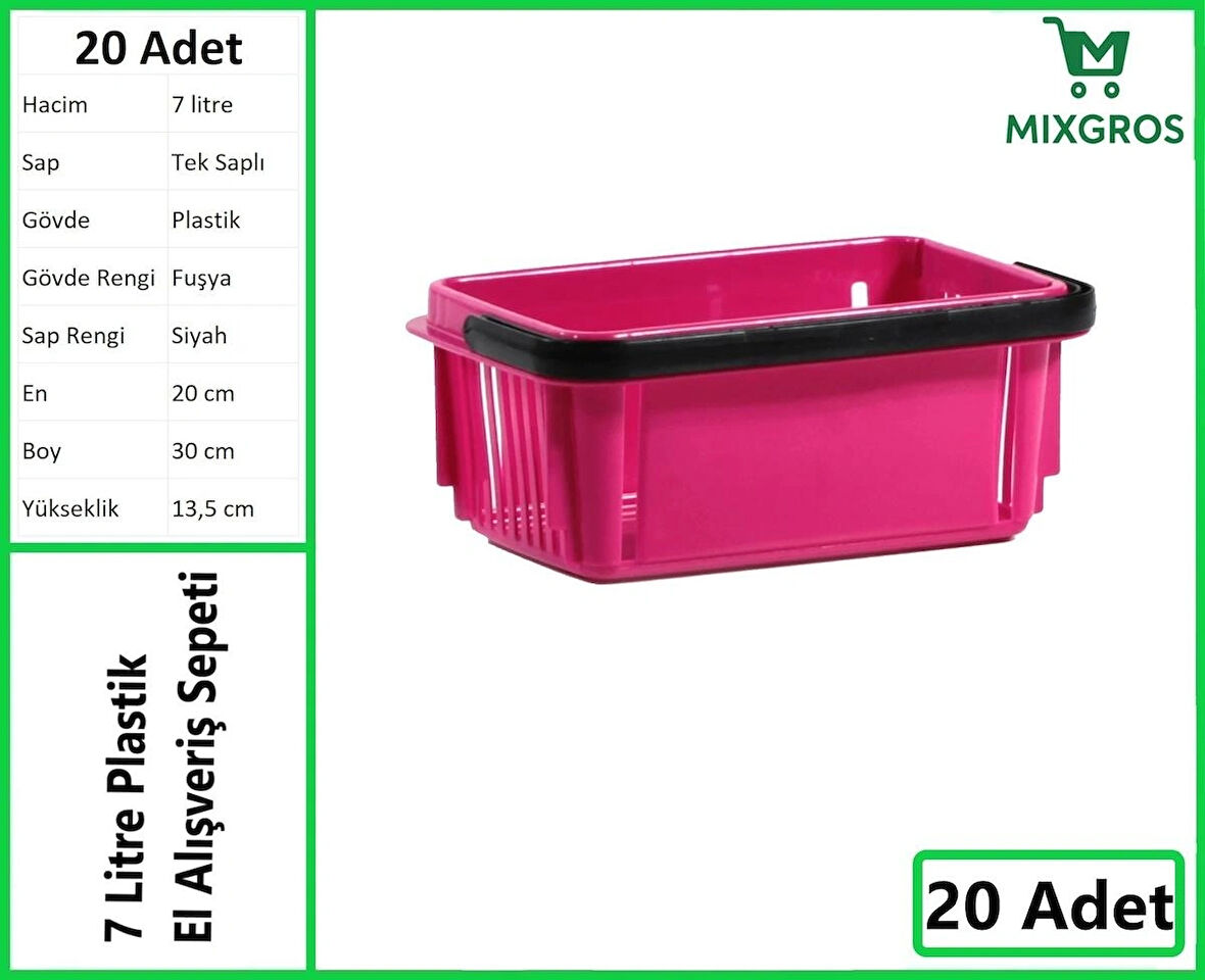 Plastik Kozmetik Alışveriş El Sepeti 7 Litre Fuşya 20 Adet