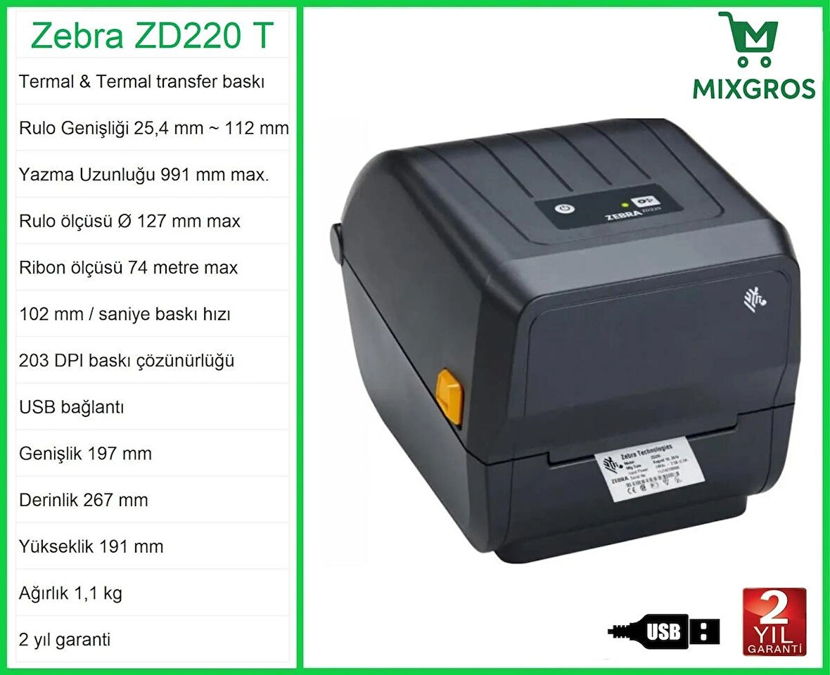 Zebra ZD 220 T Termal Etiket Barkod Yazıcı