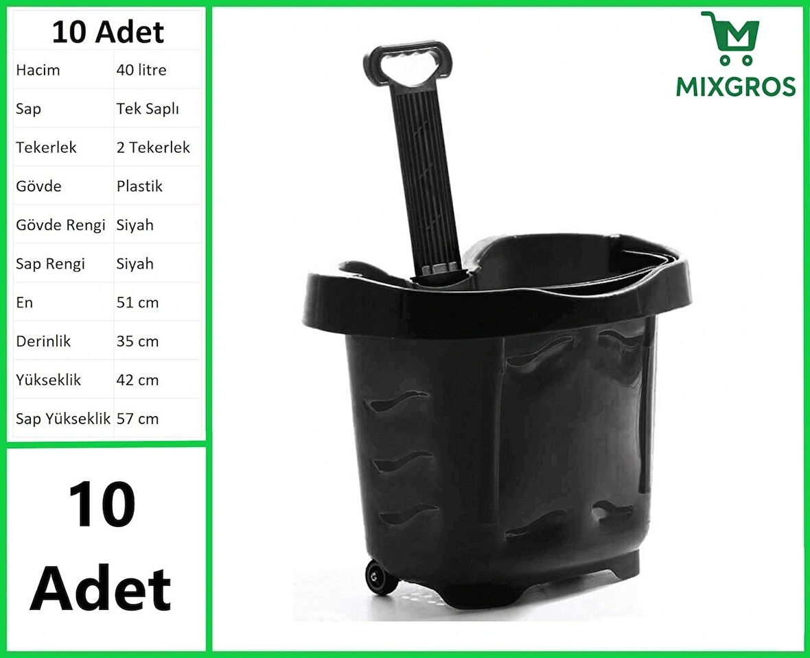 Tekerlekli Plastik Market Alışveriş El Sepeti 40 Litre Siyah 10 Adet