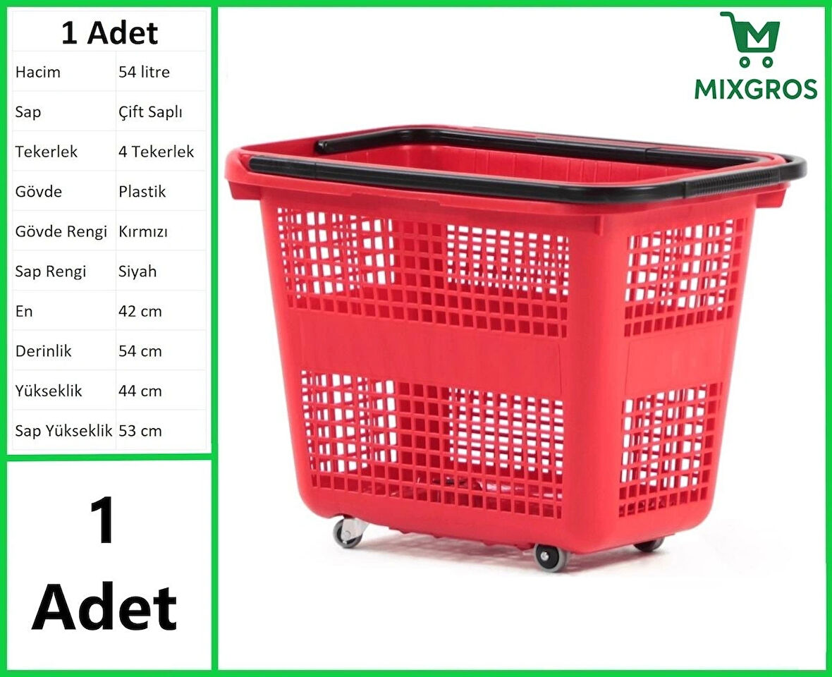 Tekerlekli Plastik Market Alışveriş El Sepeti 54 Litre Kırmızı 1 Adet