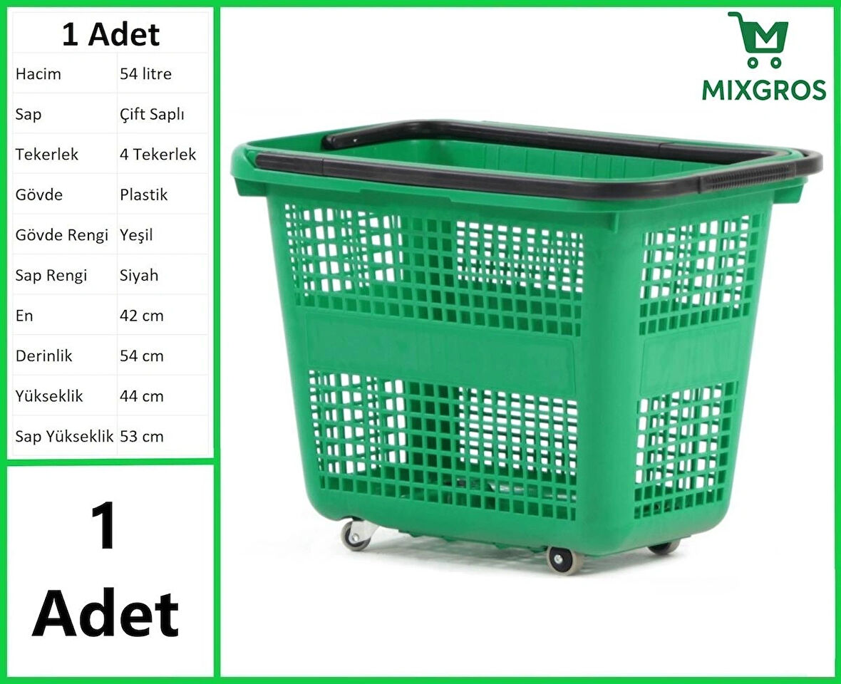 Tekerlekli Plastik Market Alışveriş El Sepeti 54 Litre Yeşil 1 Adet