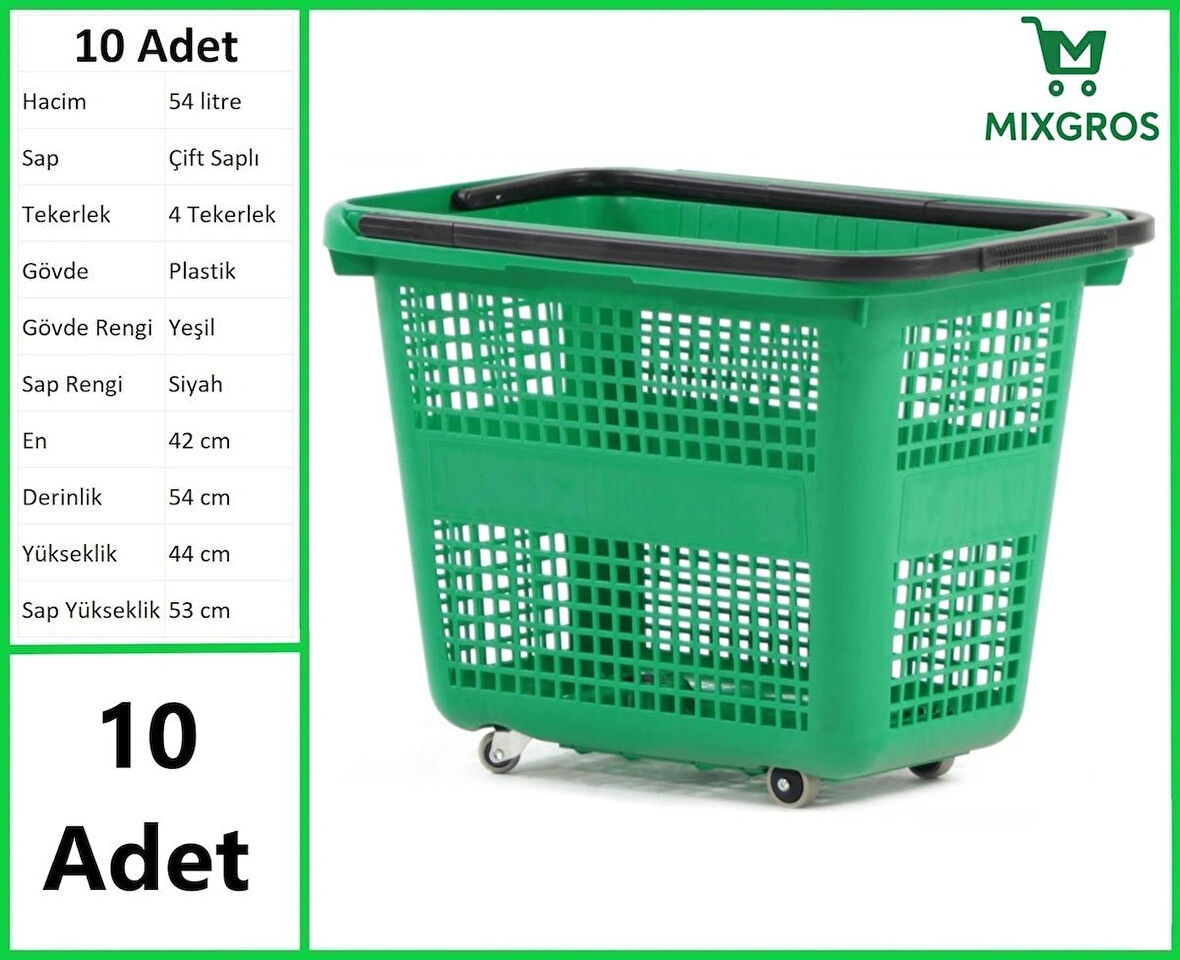 Tekerlekli Plastik Market Alışveriş El Sepeti 54 Litre Yeşil 10 Adet