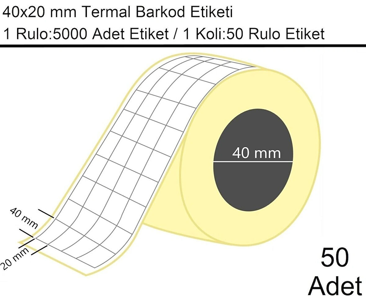 40x20 mm Termal 4'lü Ürün Barkod Etiketi 1 Rulo:5000 Adet Etiket 1 Koli:50 Rulo Etiket