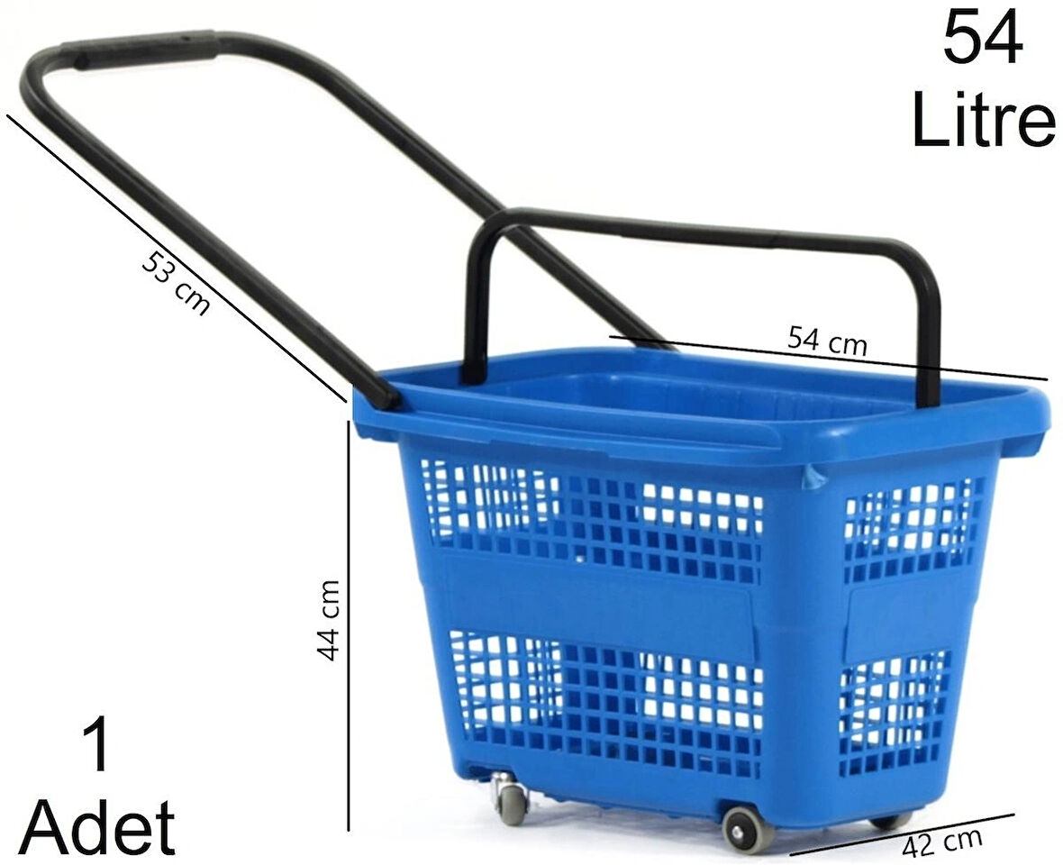 Tekerlekli Plastik Market Alışveriş El Sepeti 54 Litre Mavi 1 Adet