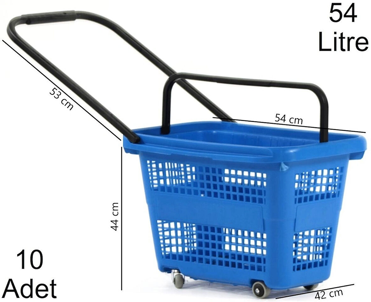 Tekerlekli Plastik Market Alışveriş El Sepeti 54 Litre Mavi 10 Adet