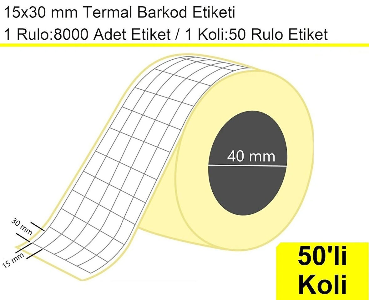 15x30 mm Termal 5'li Ürün Barkod Etiketi 1 Rulo: 8000 Adet Etiket 1 Koli: 50 Rulo Etiket