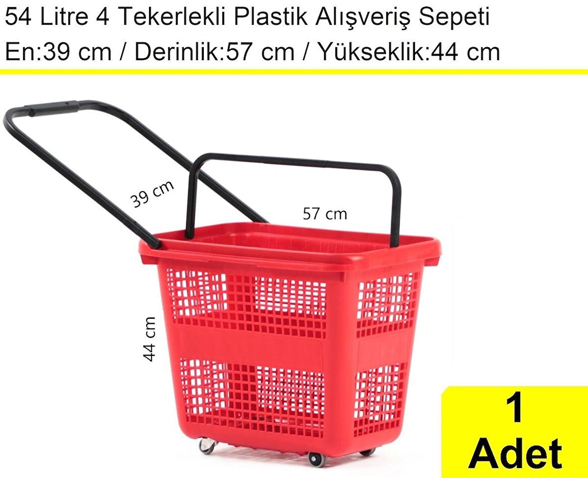Tekerlekli Plastik Market Alışveriş El Sepeti 54 Litre Kırmızı 1 Adet