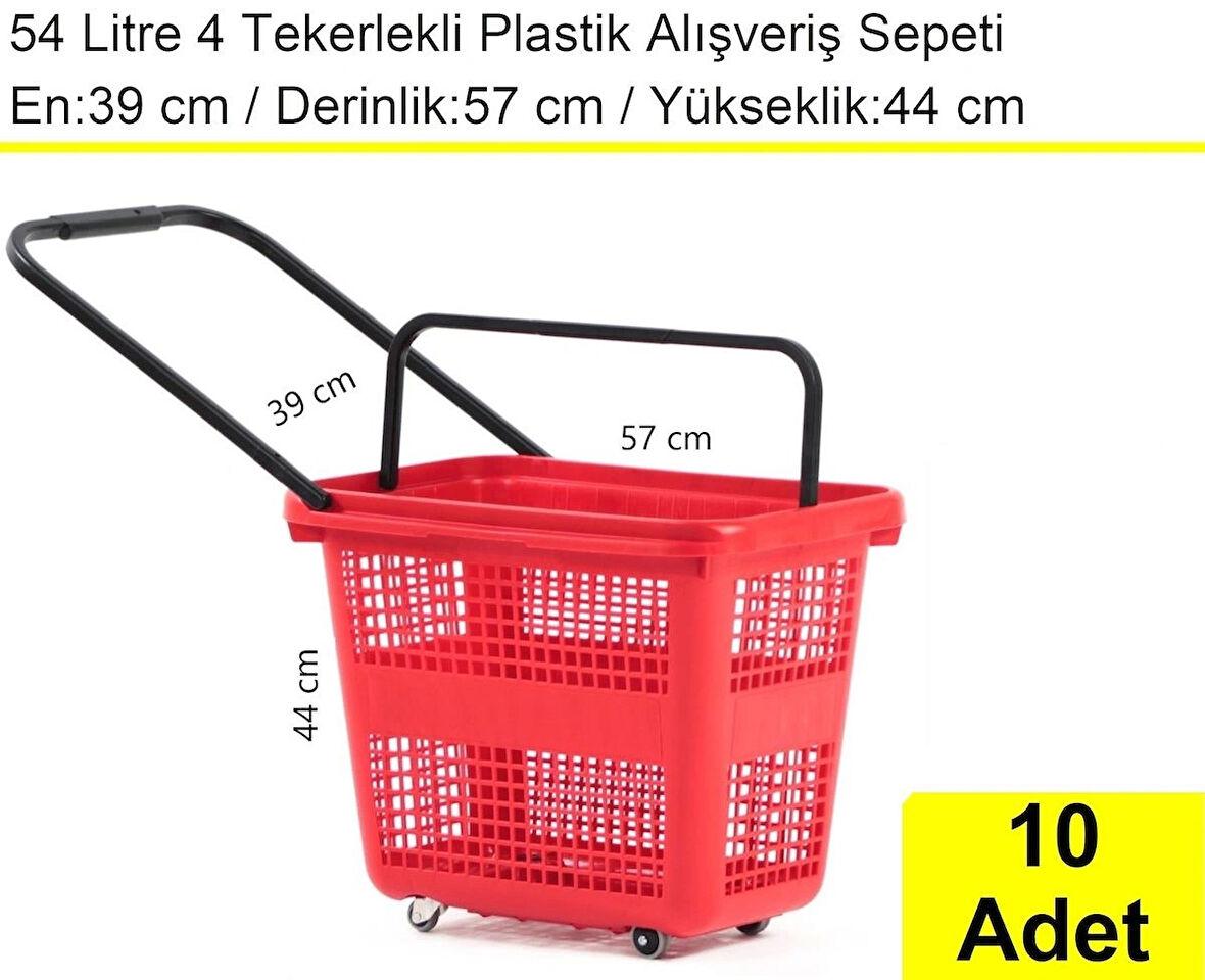 Tekerlekli Plastik Market Alışveriş El Sepeti 54 Litre Kırmızı 10 Adet