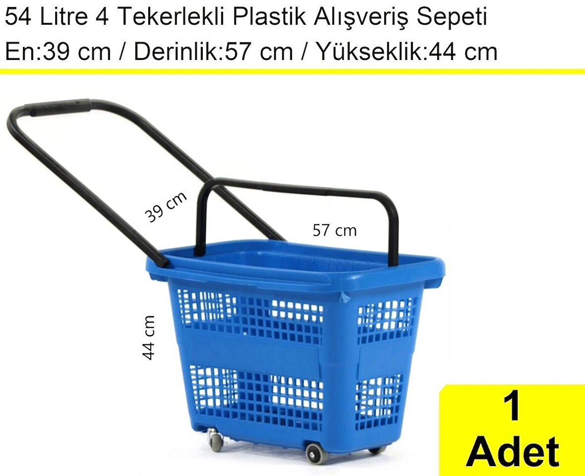 Tekerlekli Plastik Market Alışveriş El Sepeti 54 Litre Mavi 1 Adet