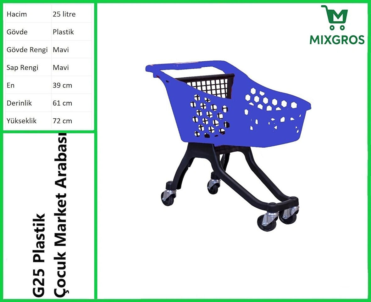 G25 Plastik Çocuk Market Alışveriş Arabası 25 Litre Mavi