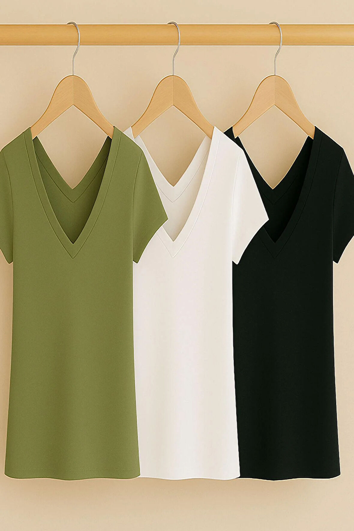 3 Adet Ön ve Arka V Yaka Basic Pamuklu Tişört