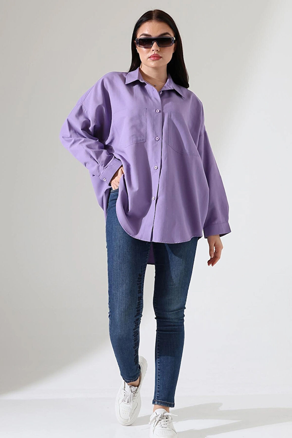 Oversize Poplin Kumaş Çift Cepli Kadın Tunik Gömlek